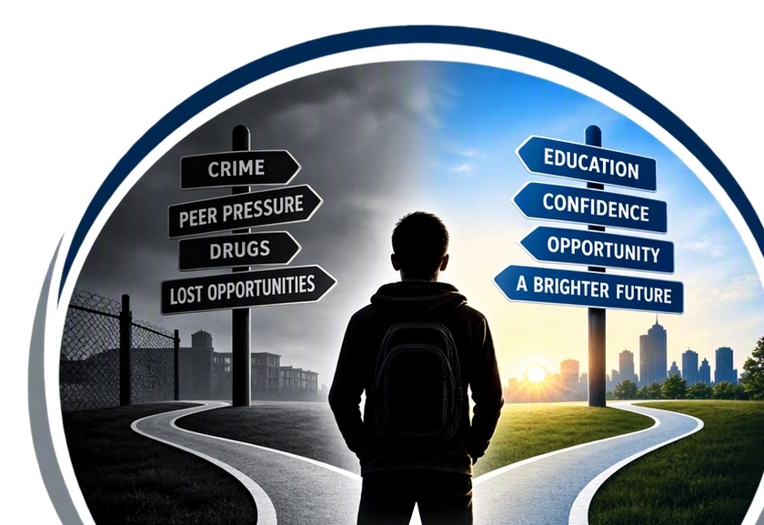A young person standing at a fork in the road between different choices